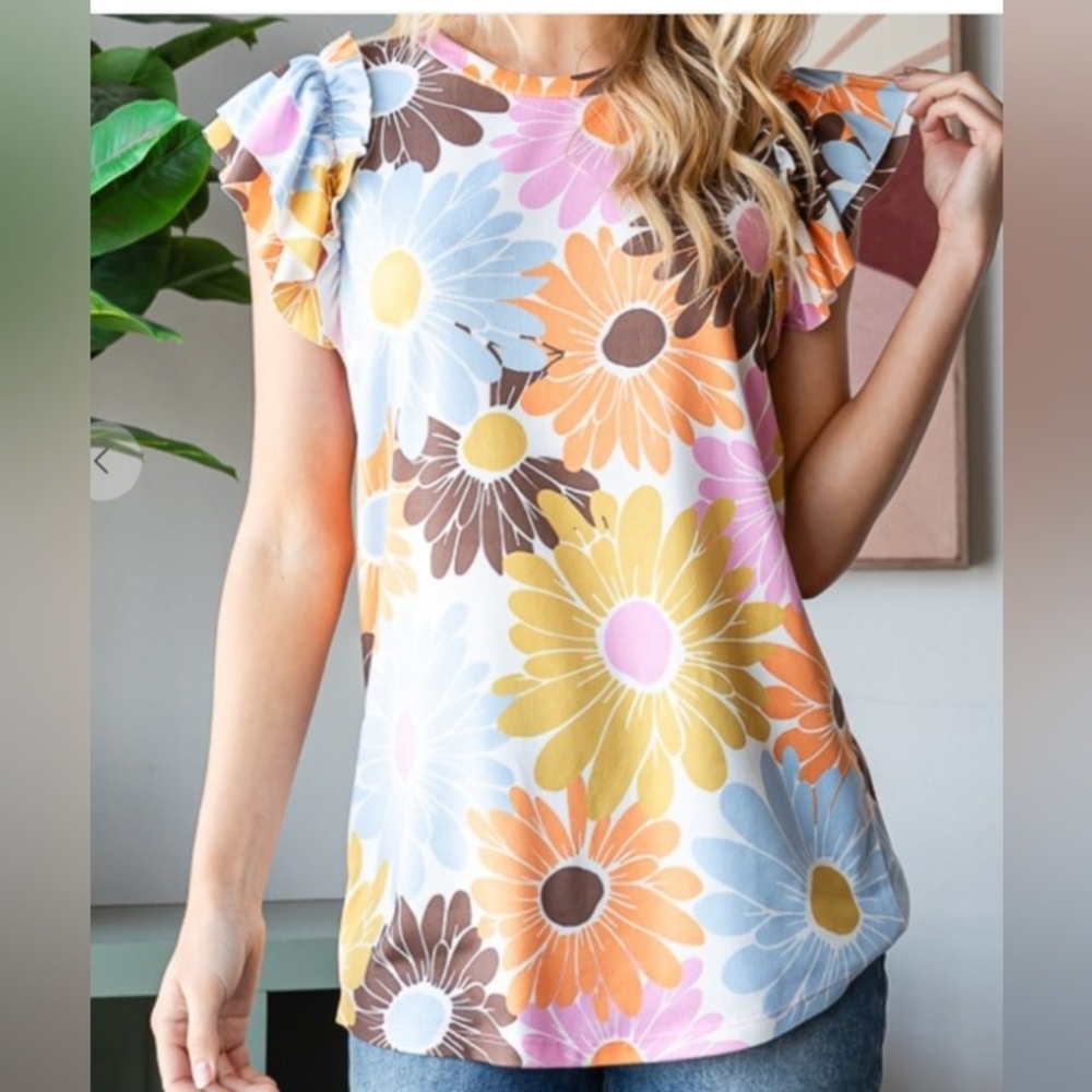 Floral Ruffle Sleeve Top - Multicolor - Picture 3 of 6